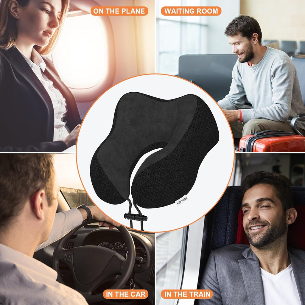 Nackenkissen Flugzeug, Reisekissen Auto Aus Memory Foam Mit Samtweichem Bezug, Nackenhörnchen Erwachsene Für Reisen, Camping, Büro Und Haus (Schwarz)